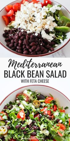 black bean salad with feta cheese and tomatoes in a white bowl on the side