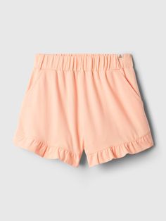 Soft knit pull-on shorts with light stretch.  Elasticized waist.  Front slant pockets.  Ruffle hem.  Certain styles have an allover print.  Easy pull-on waist.  Easy through the hip and thigh.  Sizes range from baby to toddler. Shorts With Built-in Shorts For Playwear, Casual Summer Bloomers With Elastic Waistband, Short Bloomers For Spring Playwear, Spring Playwear Short Bloomers, Spring Short Bloomers For Playwear, Casual Pink Cotton Bloomers, Cotton Bloomers With Elastic Waistband For Playwear, Spring Bloomers With Elastic Waistband For Loungewear, Spring Loungewear Bloomers With Elastic Waistband