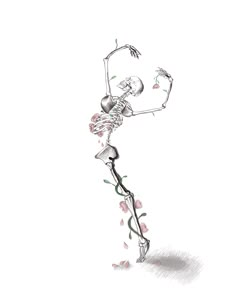 a drawing of a skeleton dancing with flowers