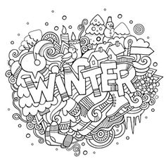 the word winter surrounded by doodles and snowflakes in black and white ink