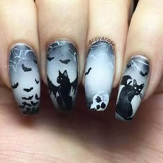 Nail Bat, Halloween Bat Nails, Bat Nails, Cat Nail Art, Cat Nail, Gothic Nails, Pedicure Designs