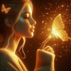 a woman holding a butterfly in her right hand and looking at it's wings