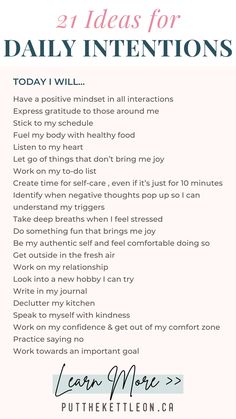 Discover the difference between intentions and affirmations and learn how to set daily intentions so you can stay focused on your goals. Also get inspired with my list of 21 examples of intentions you can set to motivate yourself. Use these as journal prompts to set your main intention for the day. Intentions To Set For The Day, Intention Setting Worksheet, Intentions For The New Year, How To Set Intentions, Intention For The Day, Intentions For The Day, Daily Intentions, Stay Focused On Your Goals, Year Planning