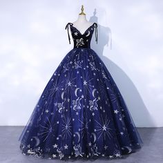 In stock or not: Shipping in 72 hours; Shown Color: Navy Blue; Back Style: Crossed Straps; Embellishment: Backless, Flower, Lace, Suede; Hemline/Train: Floor-Length / Long; Material: Tulle; Neckline: Spaghetti Straps; Occasion: Prom; Season: Fall, Spring, Summer; Sleeve: Sleeveless; Trend Collections: Chic / Beautiful; Silhouette: Ball Gown; Years: 2021; Ravenclaw Wedding Dress, Navy Wedding Dresses, Star Quinceanera Dress, Galaxy Ball Gown, Prom Dresses Bark Blue Ballgoen, Midnight Blue Ball Gown, Celestial Ball Gown, Navy Blue Prom Dress Ballgown, Dark Blue Wedding Dress