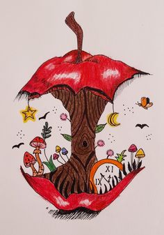 a drawing of an apple with trees and mushrooms on it