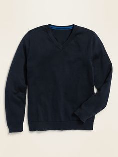 "Online exclusive! Rib-knit V-neck.  Long sleeves, with rib-knit cuffs.  Rib-knit hem.  Soft, medium-weight 100% cotton yarn.  Relaxed fit through body.  Boys uniform V-neck sweater hits below waist.  cotton 100%" Blue Cotton V-neck Sweater For Winter, Blue V-neck Tops With Ribbed Cuffs, Casual Blue Cotton V-neck Sweater, Casual Navy V-neck Sweater For Fall, Casual V-neck Sweater With Ribbed Cuffs, Black Cotton V-neck Sweater, Classic Navy V-neck Sweater, Cotton V-neck Sweater, Navy Casual V-neck Sweater For Fall