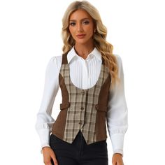 Introducing the stunning vintage sleeveless waistcoat! This elegant piece features a classic U-neck design, a stylish plaid print, and three buttons at the front for a touch of sophistication. The racerback and pointed hem add a modern twist, while the faux suede panel brings a luxurious feel to the waistcoat. Perfect for both formal occasions and casual vintage looks, these women's vintage waistcoats are versatile and chic. Whether you're heading to the office, a fashion show, a casual gatherin Peaky Blinders Women Fashion, Modern Steampunk Fashion, Dressy Vest, Tailored Jeans, Vintage Waistcoat, Jeans Vest, Sleeveless Waistcoat, Long Coat Jacket, Brown Outfit