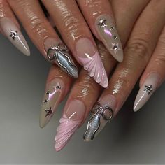 Nail Design Gold, Medium Stiletto, Bow Nail Art, Coquette Nails, Purple Nail, Silver Ribbon, Diy Nail Art