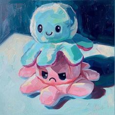 an oil painting of a stuffed animal on a blue tablecloth with a black background