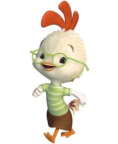 a cartoon chicken wearing glasses and a green shirt