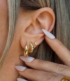 Gold Dome Hoops 18K Gold Electroplated Size: approx. 0.5 inch Gold Earrings Fashion, Earrings For Triple Piercing, Earrings Aesthetic Three Holes, Earrings Aesthetic Hoop, Simple Gold Ear Stack, 2 Ear Piercings Ideas Simple Gold, Gold Jewelry For Hoco, 2 Earrings In One Ear Gold, Cute Gold Earring Stacks