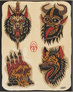 an image of tattoos on the back of a sheet of paper with wolfs and demon heads