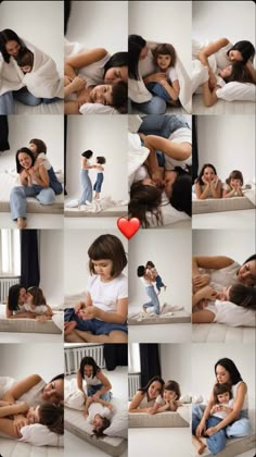 a collage of people laying on top of a bed with one woman kissing the other