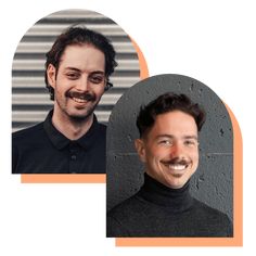 two headshots of men in black shirts and one has a moustache on his face