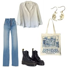 Doc martens, White button up, jeans and earrings Mid Length Skirts Outfit, Fashion Boards Ideas, Washing Dc Outfits, Bohaime Style, Summer Outfit With Jeans, Pinterest Outfit Ideas, Polyvore Aesthetic, Cozy Spring Outfits, The Black Phone