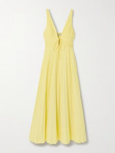 The pastel-yellow shade of Simkhai's 'Stephanie' dress is bound to bring joy. It's made from cotton-blend poplin with pleating to create a fitted bodice and fullness through the skirt. The front ties beautifully define the décolletage. Yellow Maxi, Yellow Midi Dress, Yellow Outfit, Cotton Midi Dress, Embellished Dress, Dressy Casual, Yellow Dress, Daily Outfits, Pretty Dresses