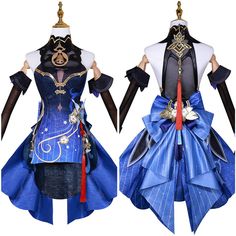 two costumes with different designs on them, one in blue and the other in black