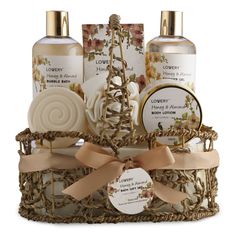 the body care gift set is in a wicker basket