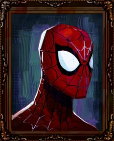 the spider man is looking at something in front of his face, with an ornate frame around it