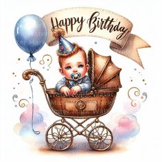 a baby in a stroller with balloons and a happy birthday sign