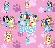 several cartoon dogs with different expressions on a pink background