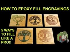 four wooden coasters with different designs on them and the words how to epoxy fill