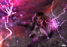 a woman with purple hair and lightning in the background is holding her hand up to the sky