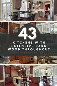 the inside of a kitchen with wooden floors and cabinets in it, including an island