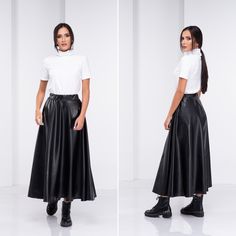 "Super chic and modern, this leather skirt is a timeless piece to your wardrobe. With an elastic waistband- a loose and comfy design you can wear this piece to so many occasions. The model in the picture is 168cm. ⅼ 5.5 ft. tall and is wearing size S / color: Black 🌟 INFO: * Worldwide EXPRESS shipping - please provide a phone number for shipping documents * US Sizing XS to 4XL - size chart available below - all measurements of the body * We offer customization to Personal Measurements & Larger Relaxed Fit Long Leather Skirt, Trendy Leather Lined Skirt, Trendy High Waist Leather Skirt, Chic Long Leather Skirt, Black Leather Long Skirt, Long Black Leather Skirt Outfit, Leather Skirt Long, Black Leather Skirt Outfit, Circle Maxi Skirt