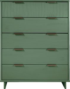 the chest of drawers is painted green and has brass handles on each drawer, along with two