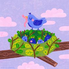 a blue bird sitting on top of a tree branch with little birds in it's nest