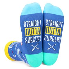 AFTER SURGERY SOCKS: The blue after surgery socks feature the phrase "STRAIGHT OUTTA SURGERY" and are made with soft, moisture-wicking material that provides excellent comfort for your feet. SIZE & PACKAGE: Our unisex design fits most men's US size 6-13 feet and most women's US size 7 and up. Each exclusive gift box contains one pair of funny socks. QUALITY MATERIAL: Our novelty socks are made of 80% cotton, 15% polyamide and 5% elastane to ensure they are soft, comfortable, stretchy and breatha Tonsle Surgery Gifts, Funny Blue Socks For Gift, Post Surgery Gift, Surgery Recovery Gift, Surgery Gift, Recovery Gifts, Christmas Wedding Gifts, Surgery Recovery, Gift Post