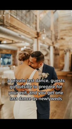 a man and woman standing next to each other in front of a wooden floor with the words private last dance, guests go outside to prepare for your exit, and you