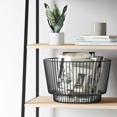 a shelf with books, magazines and a potted plant on it in front of a white wall