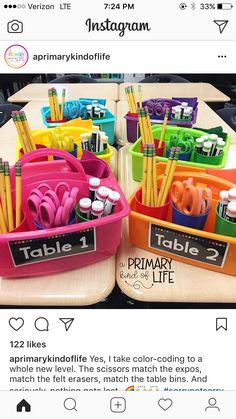 an instagram page with several plastic containers filled with pens and pencils on it