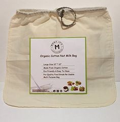 the organic cotton nut milk bag is shown in front of a white background with green trim