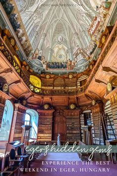 the interior of an old library with wooden bookshelves and vaulted ceilings, decorated with intricate designs