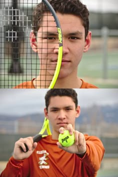 two photos of a young man holding a tennis racket and ball in his hand