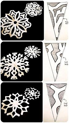 four different snowflakes are shown on black and white paper, each with the letter v