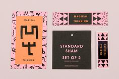 three different types of stickers on a pink and black background with the words standard thinking