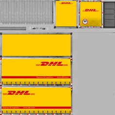 an overhead view of a train station with yellow cabooses and red stripes