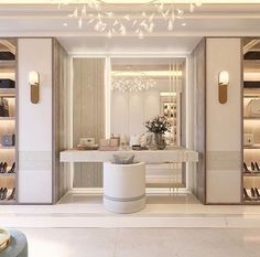 the interior of a shoe store with high heeled shoes and chandelier hanging from the ceiling