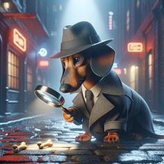 A pack of dachshunds in detective attire channel their inner Sherlock in a noir-inspired alleyway, sniffing out the mystery with bone-fide determination. Special Agent, Wolf Art, Good Art, Mark Twain