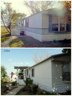 before and after photos of a mobile home in the fall or early spring, with siding removed