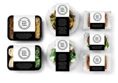 six packages of food are shown with labels for the company's packaging design, including sandwiches and salads