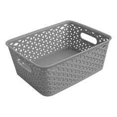 a gray plastic basket with holes on the sides and handles, is shown in front of a white background