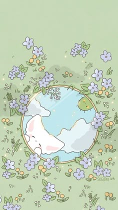 the earth is surrounded by flowers and butterflies