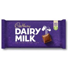 cadbury dairy milk bar with chocolate on the top and white lettering that reads cadbury dairy milk