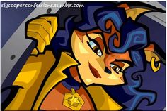 an animated image of a woman with blue hair and yellow shirt holding a knife in her hand