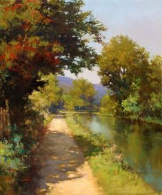 an oil painting of a river and trees